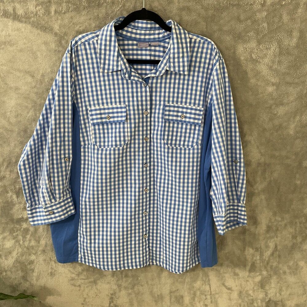 Laura Scott Gingham Blouse top women 3X roll tab sleeves button up w pockets
